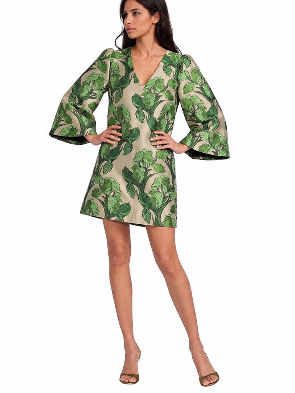 NWT Buru Le V Mod Brocade V-Neckline Bell Sleeve Mini Dress Sz XS